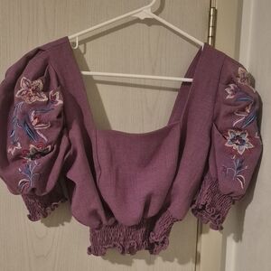 Razzo Embroidered Puff Sleeve Crop Top — Mauve (BR 40 / US 8–10)
